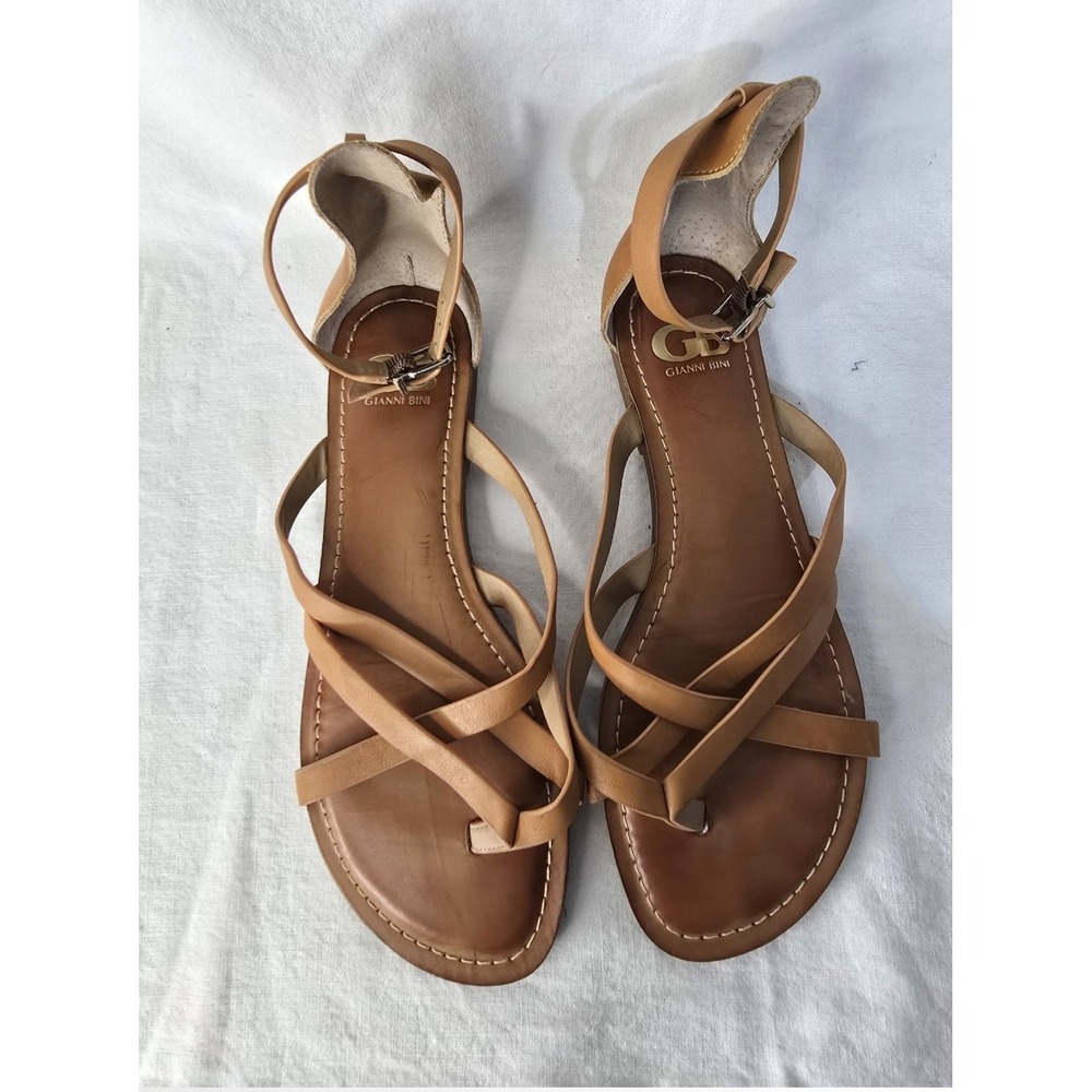 Gianni Bini Brown Leather Flat Thong Sandals With Ankle Strap Size 8.5 EUC